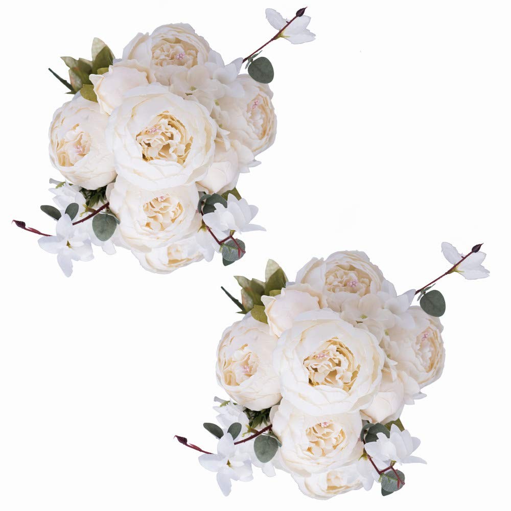 2 Pack Large Artificial Cream White Peony Silk Flower Bouquets Centerpieces