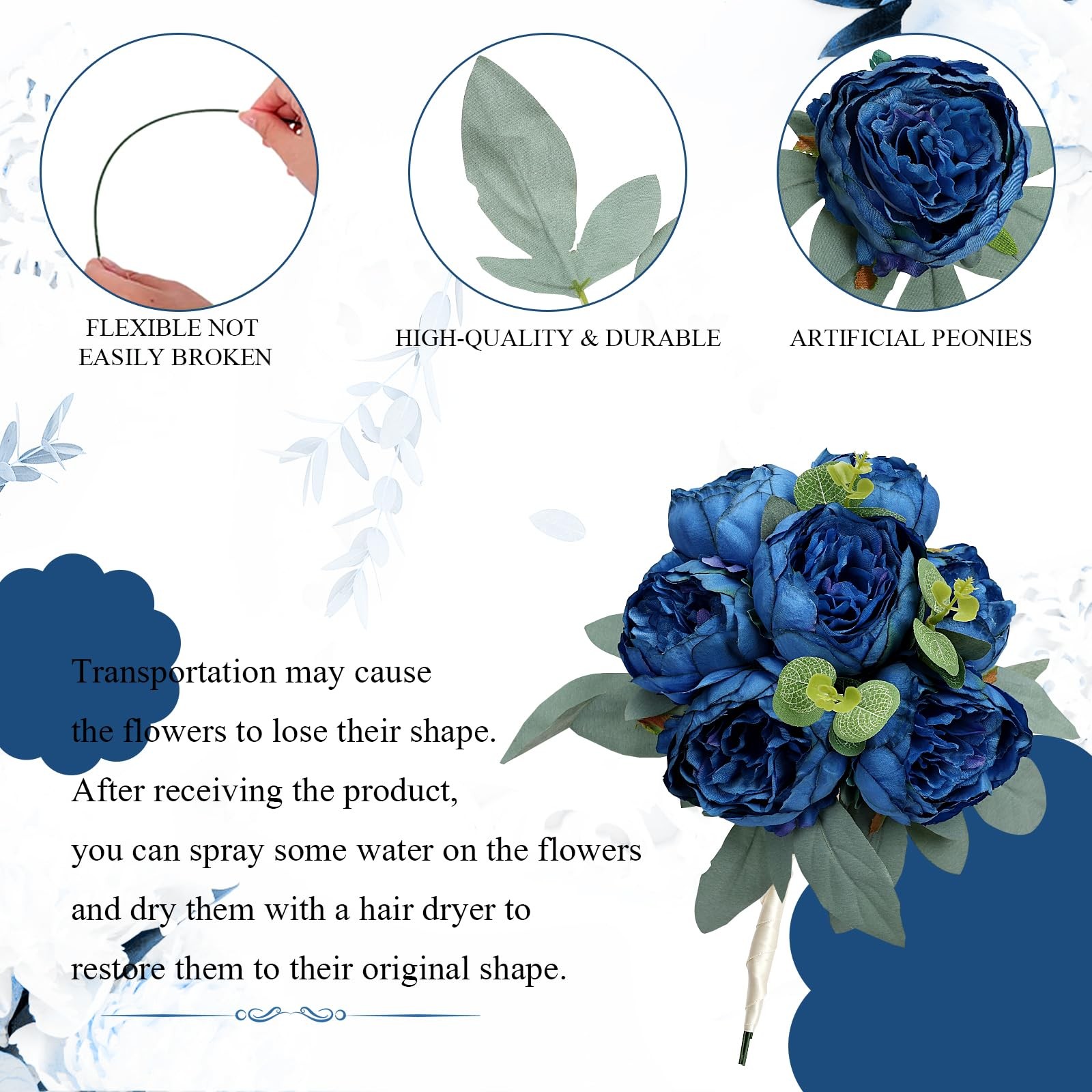 50 PCS Artificial Navy Blue Peonies Flowers Bulk Fake Silk Heads Wedding Decor