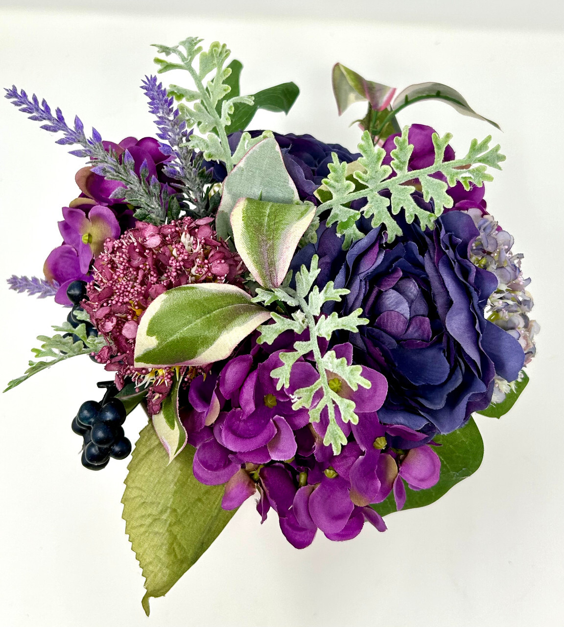 8″ Small Artificial PINK & PURPLE BOUQUET faux Silk flowers potted in VINTAGE Pi