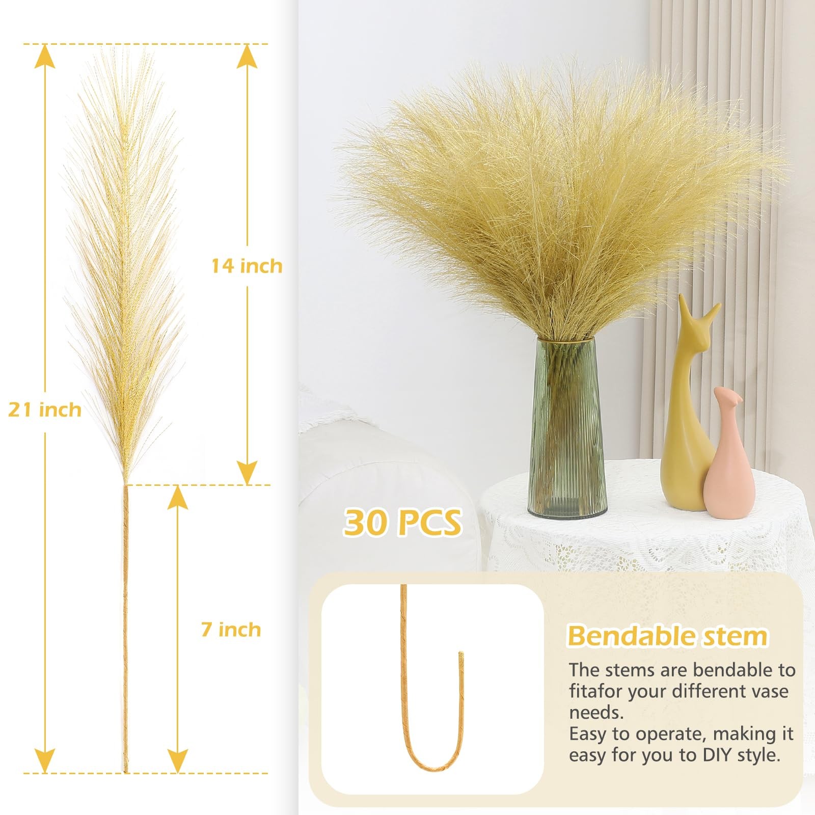 30 PCS Gold Pampas Grass Decor 21.7 Inch Faux Dried Flower Small Vase Fill