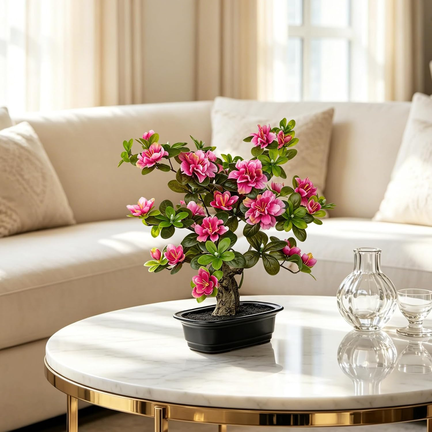 15.7″ Pink Artificial Azalea Bonsai Tree – Faux Floral Home Decor Centerpiece