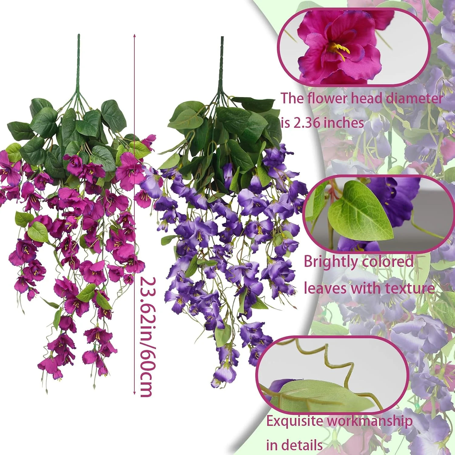2Pcs Artificial Flowers for Outdoors Fake Plants Outside Magenta, Light Purpl