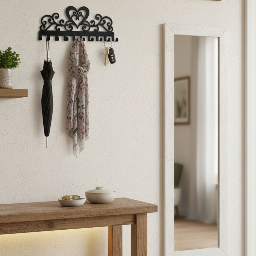 Vintage 10-Hook Metal Key Holder – Farmhouse Love Sculpture Wall Decor Gift