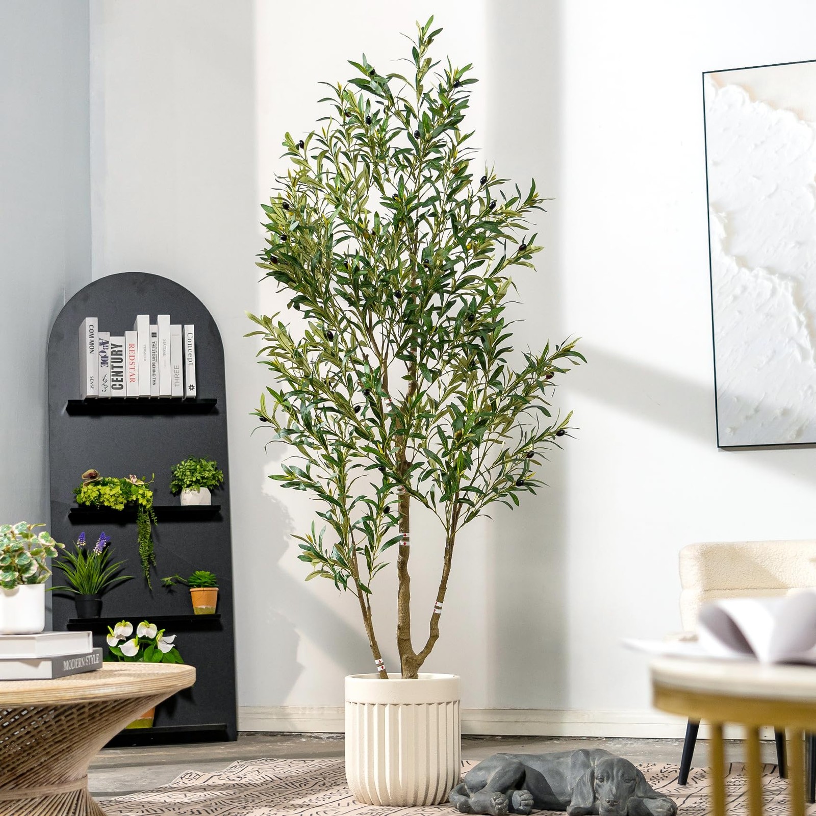 6ft Faux Olive Tree with White Pot & Moss, Artificial Olive Tree Indoor Outdo…