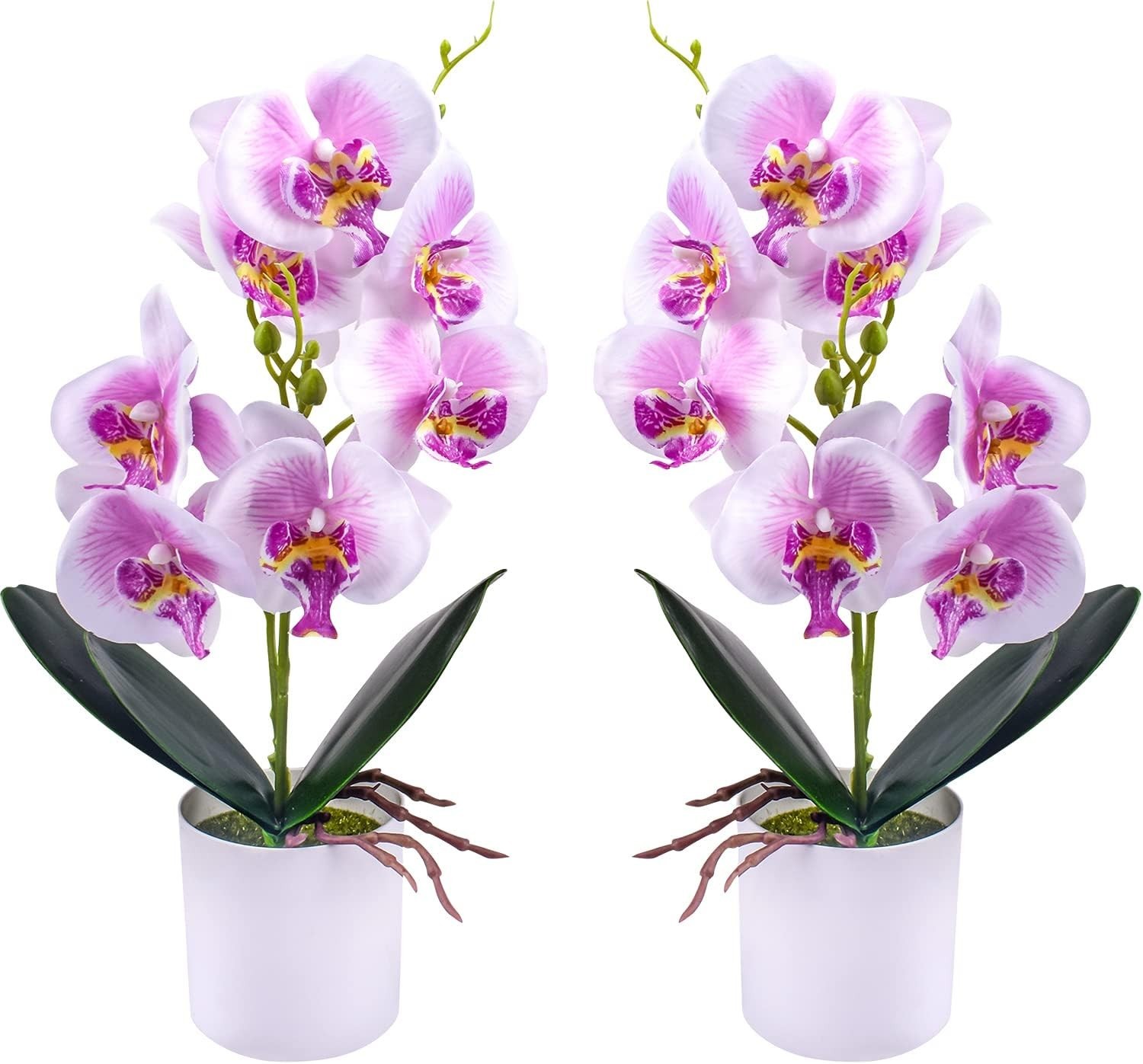 2-Piece Set of Flexible Silk Orchids in Round Plastic Vases – Versatile Decor