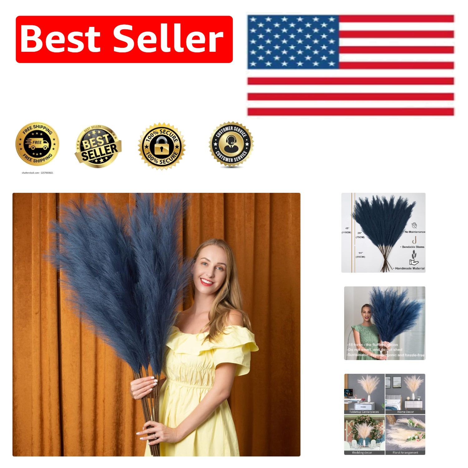 Extra Large Faux Pampas Grass Stems – 43 Inch in Elegant Blue for Home Decor