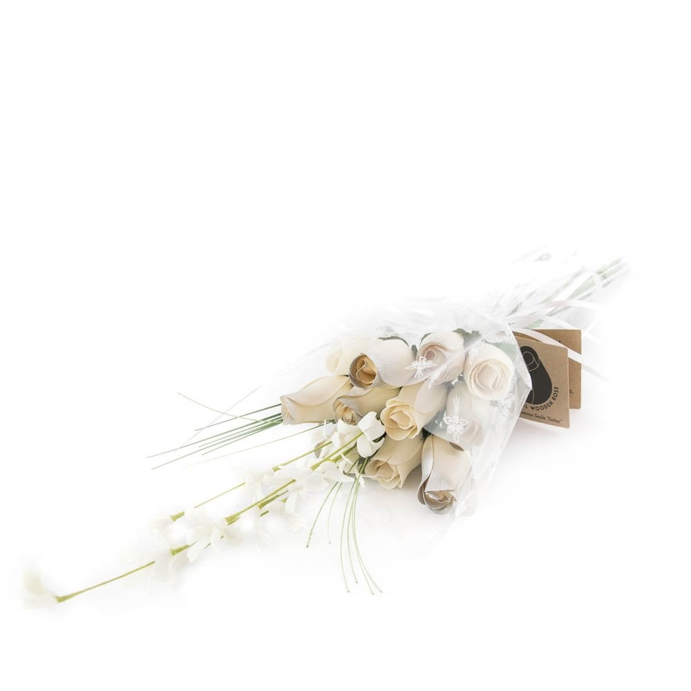 25th Anniversary Silver, White Closed Bud Wooden Rose Flower Bouquet, 1 Dozen