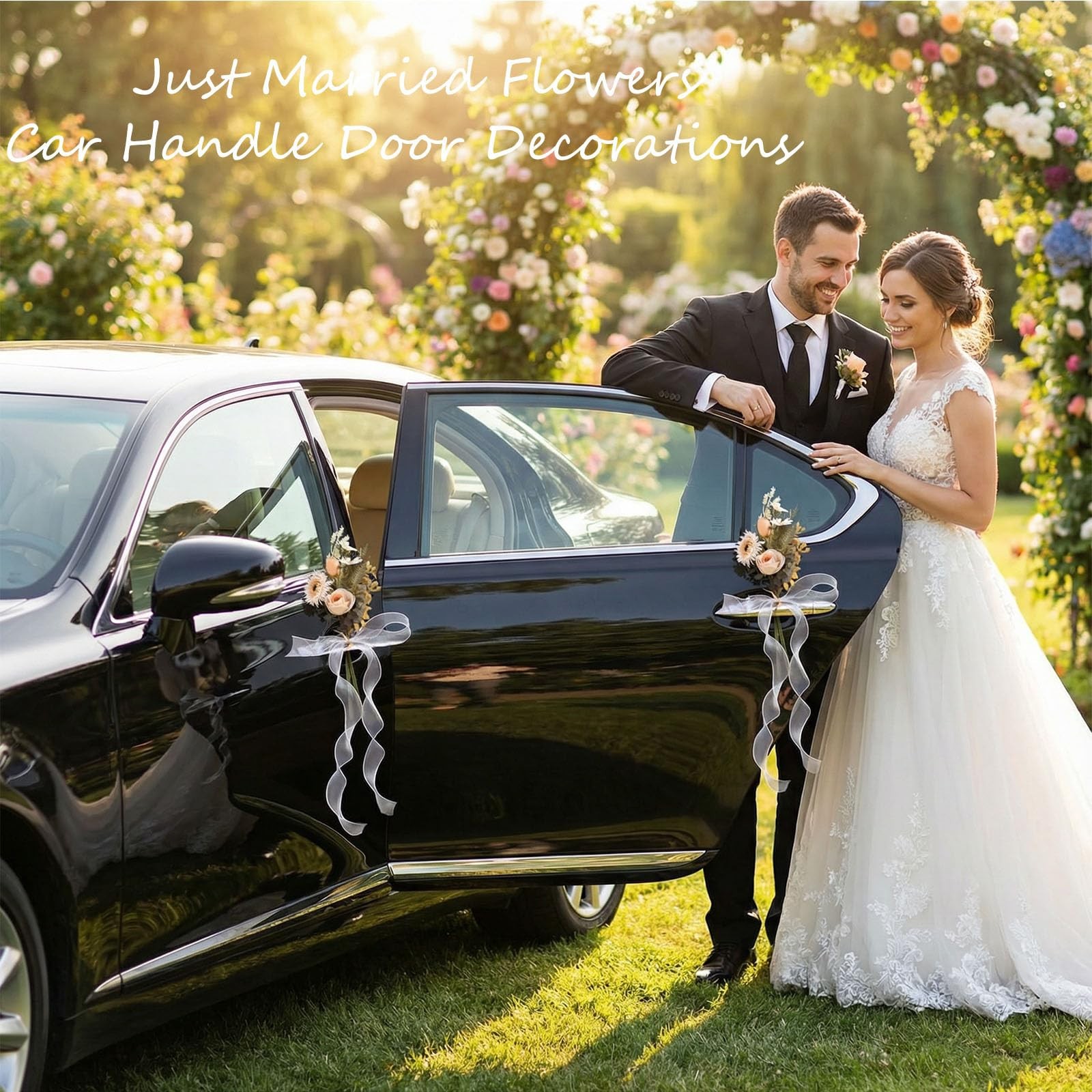 12-inch Champagne Wedding Car Door Handle Decorations – Handmade Daisy & Sunf…