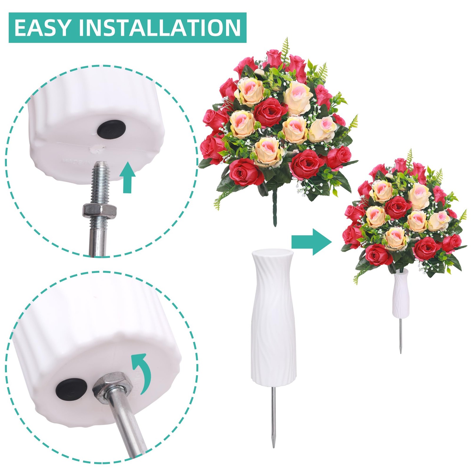 2 Sets Artificial Cemetery Flowers, Vase, Rose Bouquet, Red, Beige, Memorial