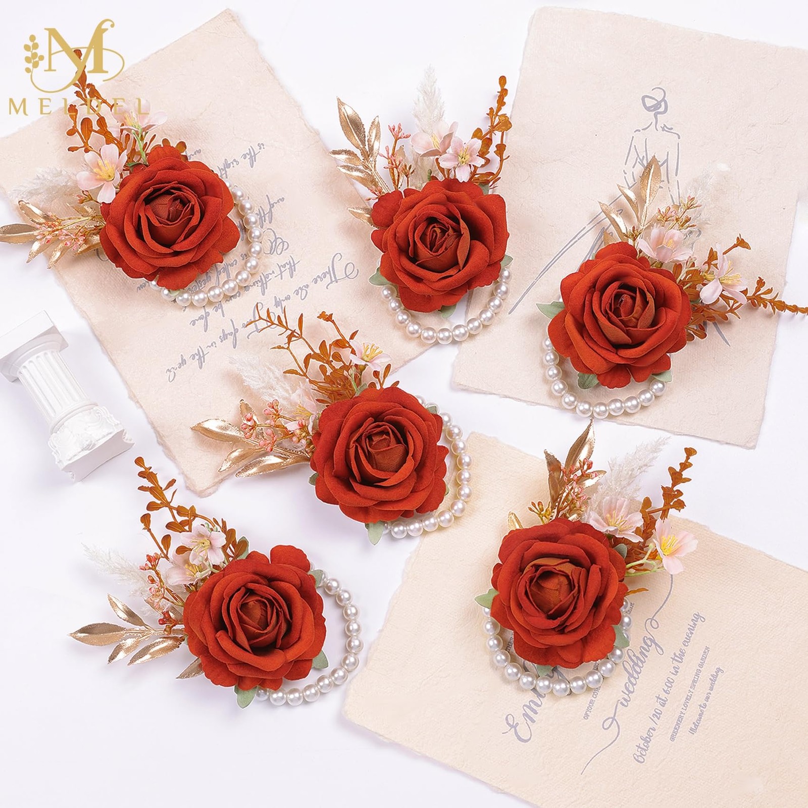 Burnt Orange Wrist Corsage and Boutonniere Set, Flower On Wrist for Bride Bri…