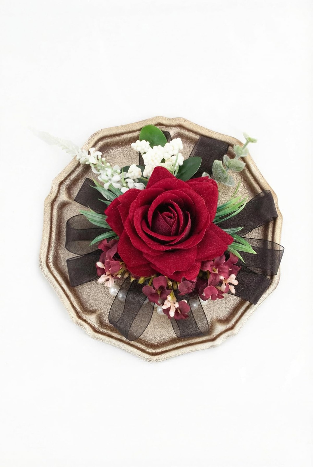 2 PCS Burgundy Black Rose Wrist Corsage Boutonniere Set Wedding Prom Flowers