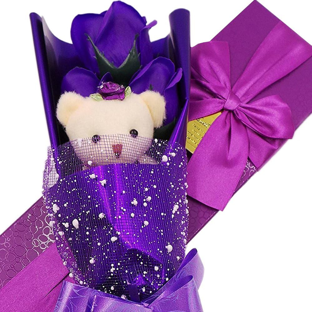 Flower Bouquet 3 Scented Soap Roses Gift Box with Cute Teddy Bear for Her Him Va