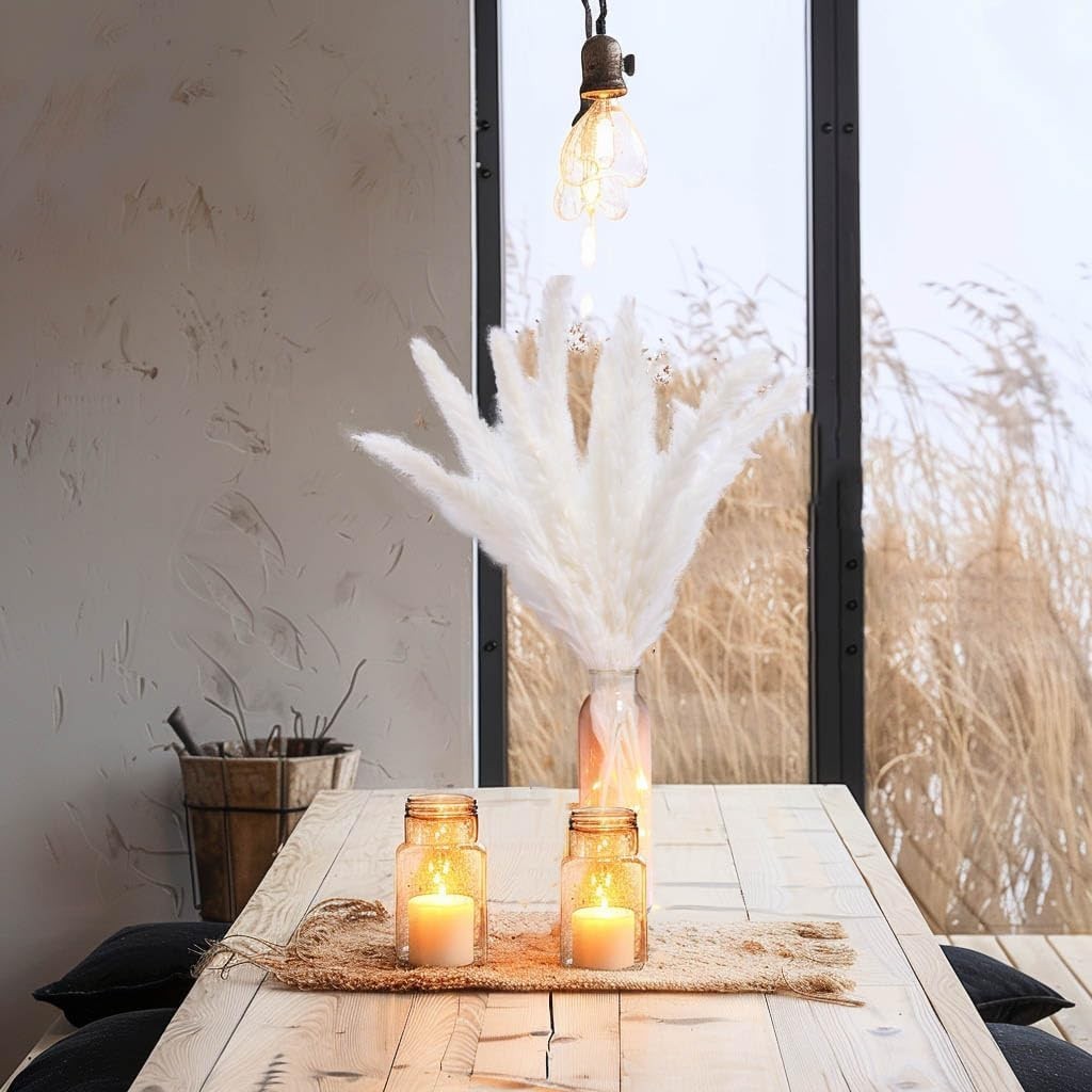 Versatile Pampas Grass Decor with LED Lights & Glass Vase for Stunning Homes