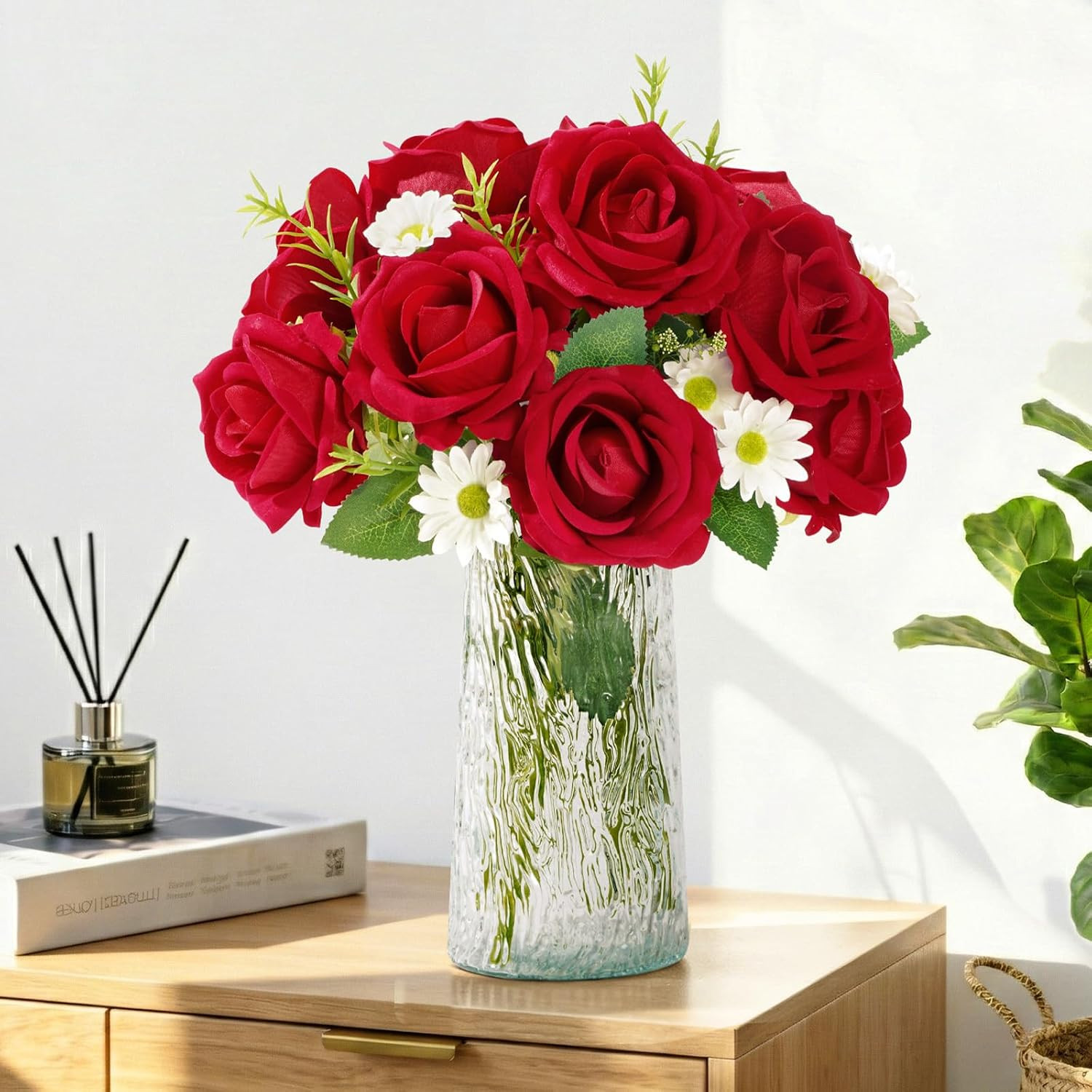 Classic Red Artificial Roses Flowers, Faux Long Stem Silk Roses Bulky for DIY…