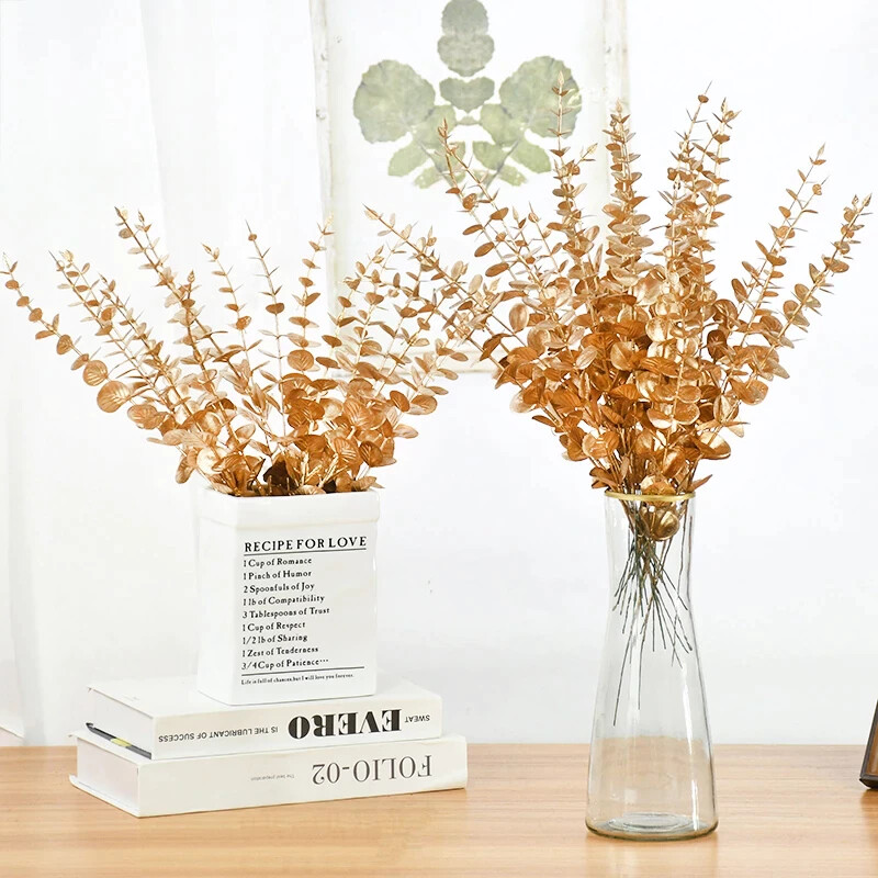 10Pcs Gold Eucalyptus Leaves Branch Artificial Plants Christmas New Year Deco