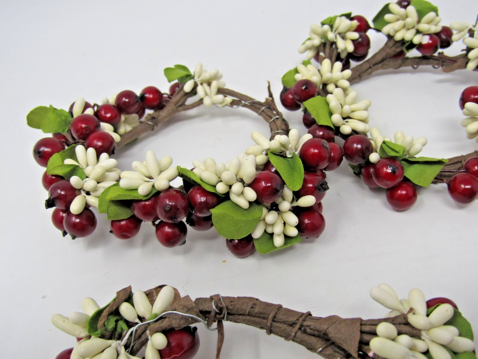 Red Green and White Faux Berries Candle Ring Wreath 2.5″ Opening Lot of 4