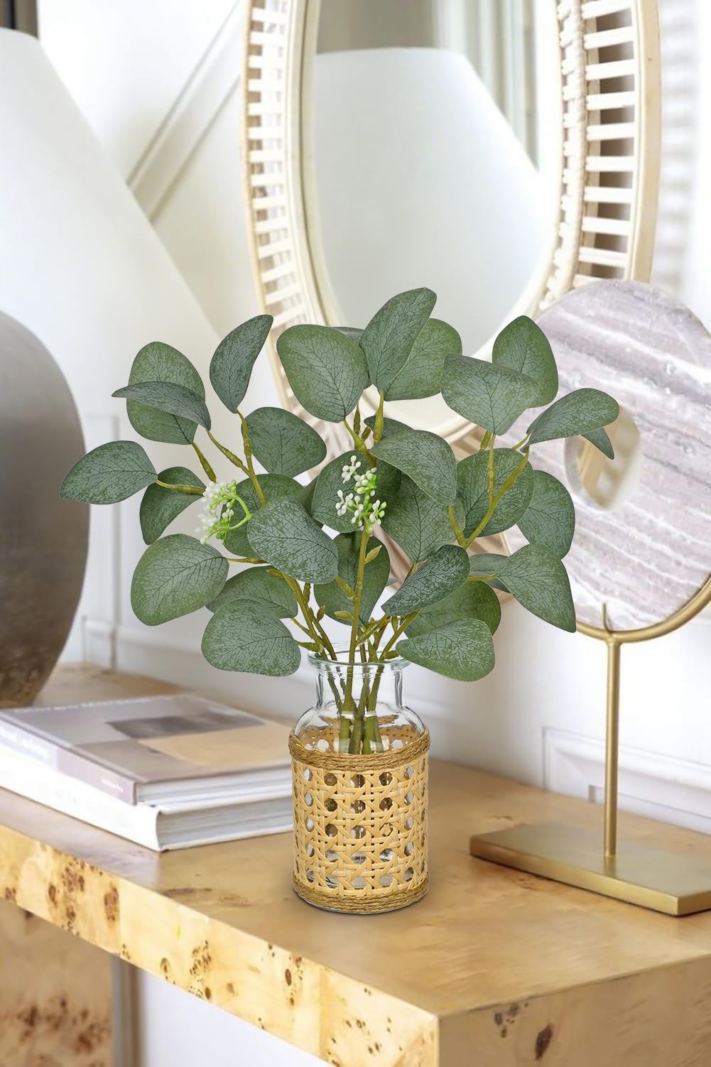 Artificial Eucalyptus Stems in Woven Glass Vase with Faux Water, 11.8″ Fake P…
