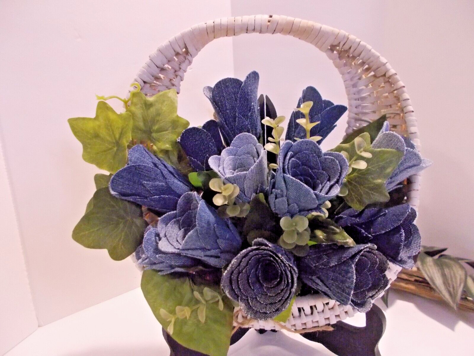 Handcrafted Wall Pocket Basket with 12 Denim Roses – Western Denim Rustic Decor