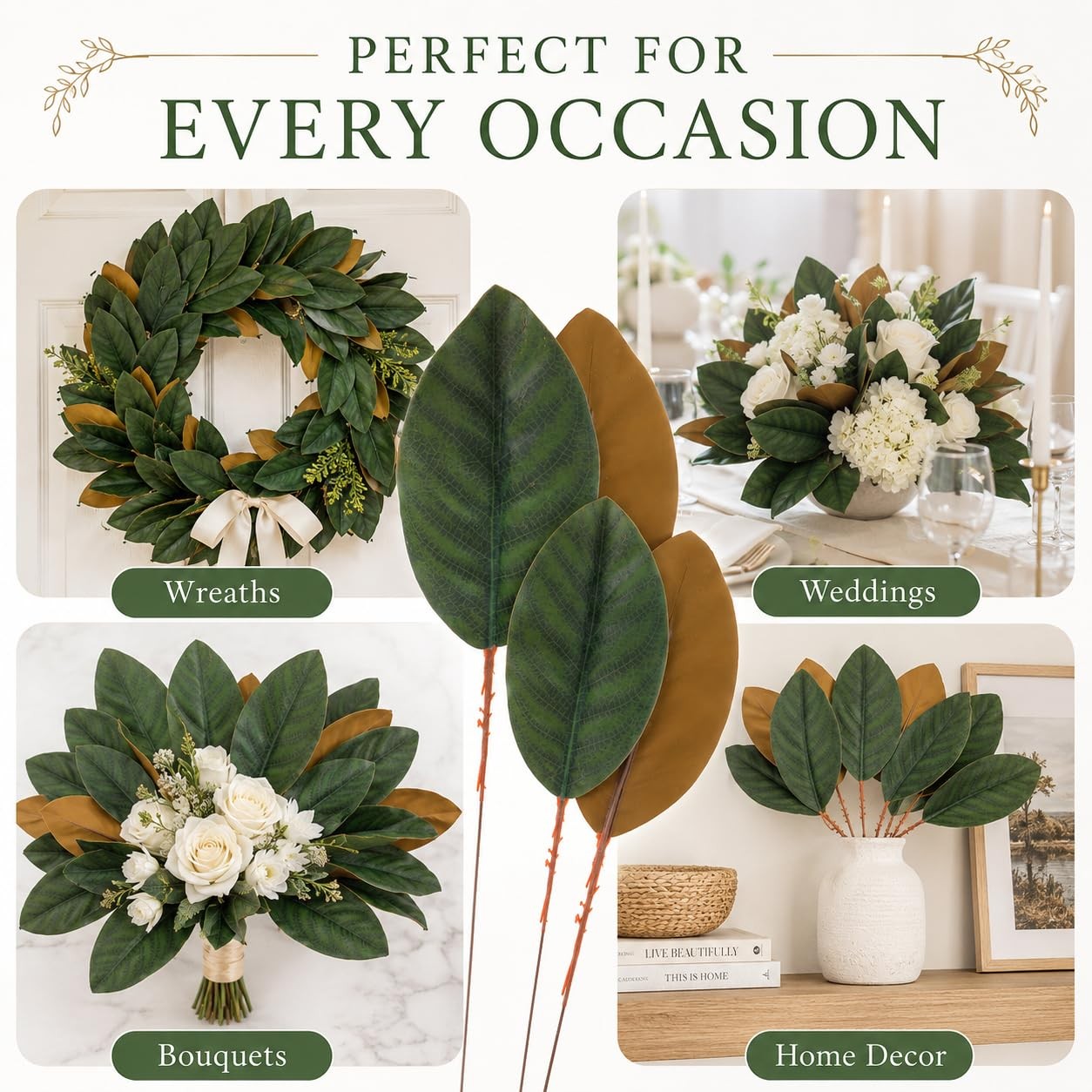 60 Pcs Artificial Magnolia Leaves Magnolias Stems Fake Flower Bouquet Fake Gr…
