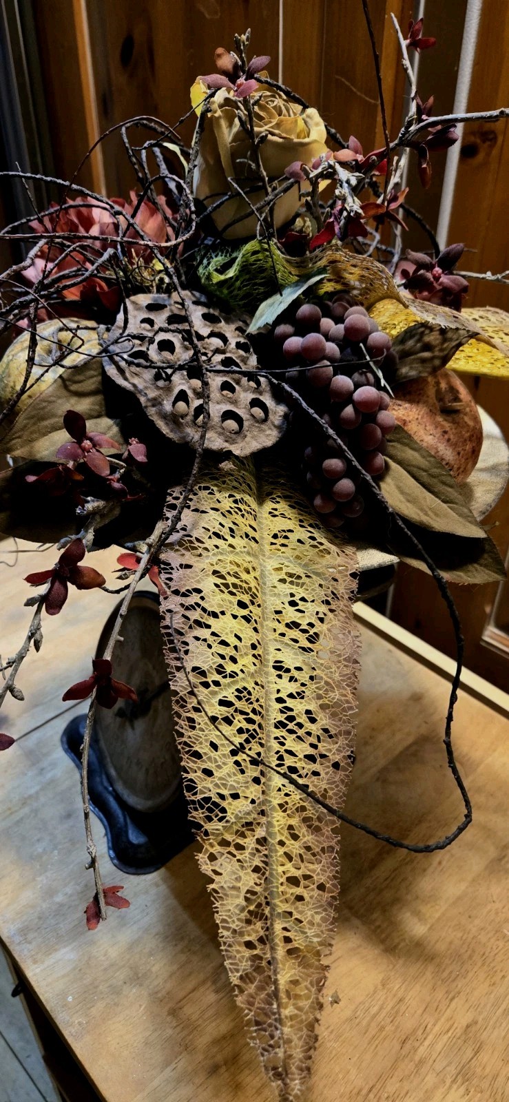 Arrangement of Dried Fruits & Flowers Centerpiece Metal Compote 14WX14WX13″Tall