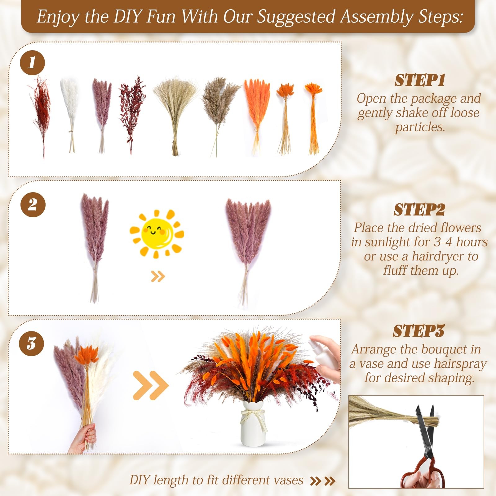 101PCS Dried Pampas Grass Mix Bouquet: Bunny Tails, Dried Flowers, Reed Grass…