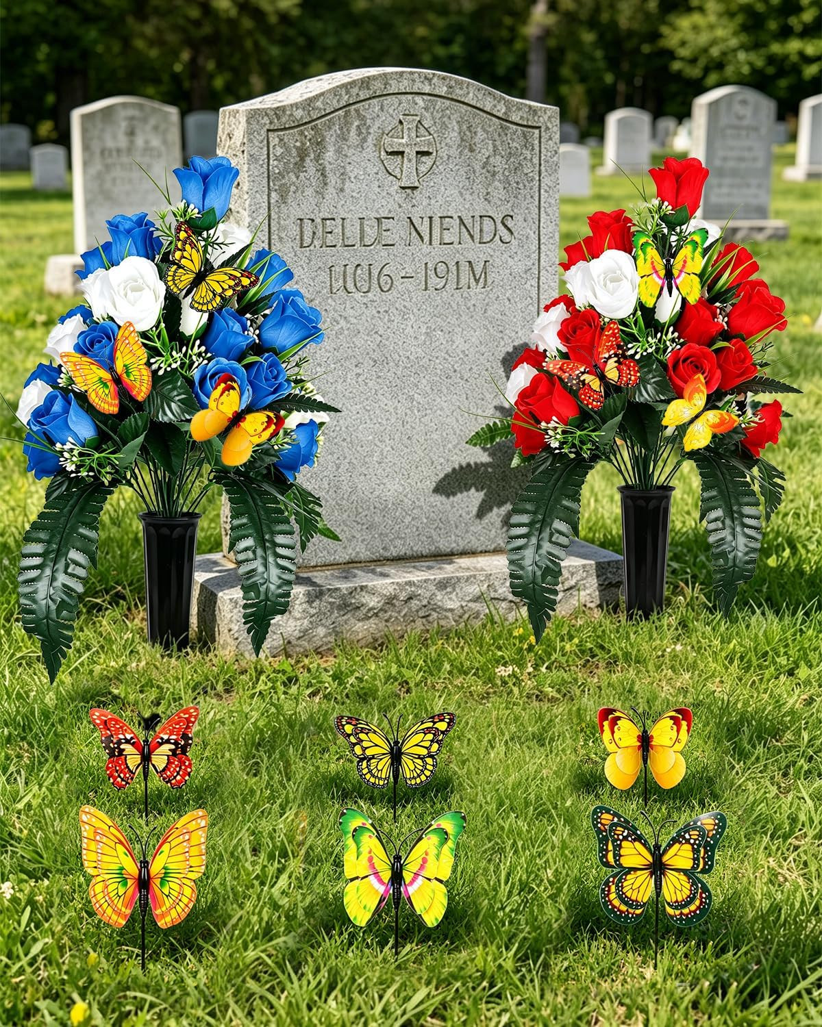 2PCS Artificial Cemetery Flowers for Grave with Vase, Blue, Red & White Rose Mem