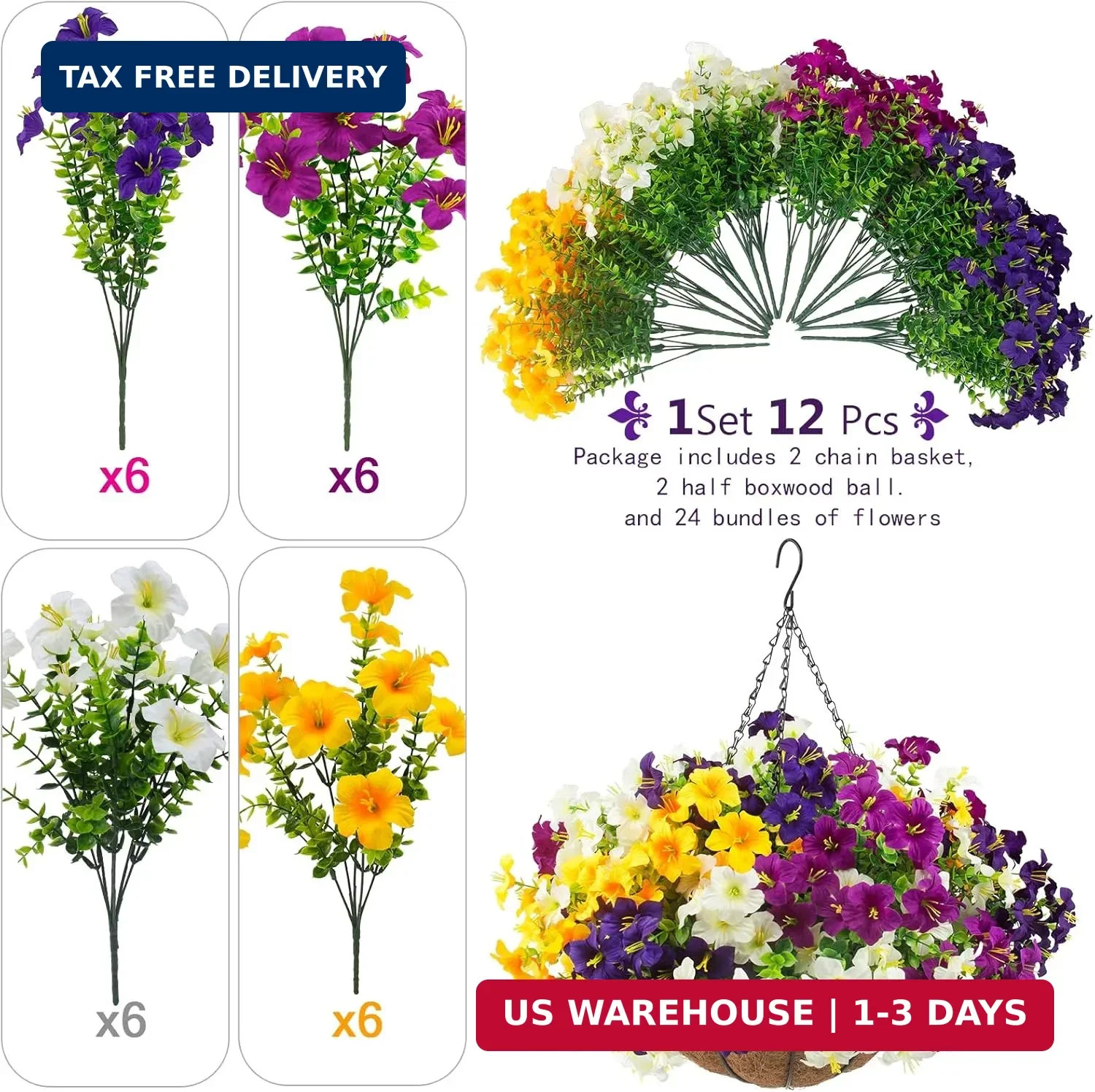 2 Set Artificial Outdoor Flowers with Hanging Baskets,24 Pcs UV Resistant Faux P