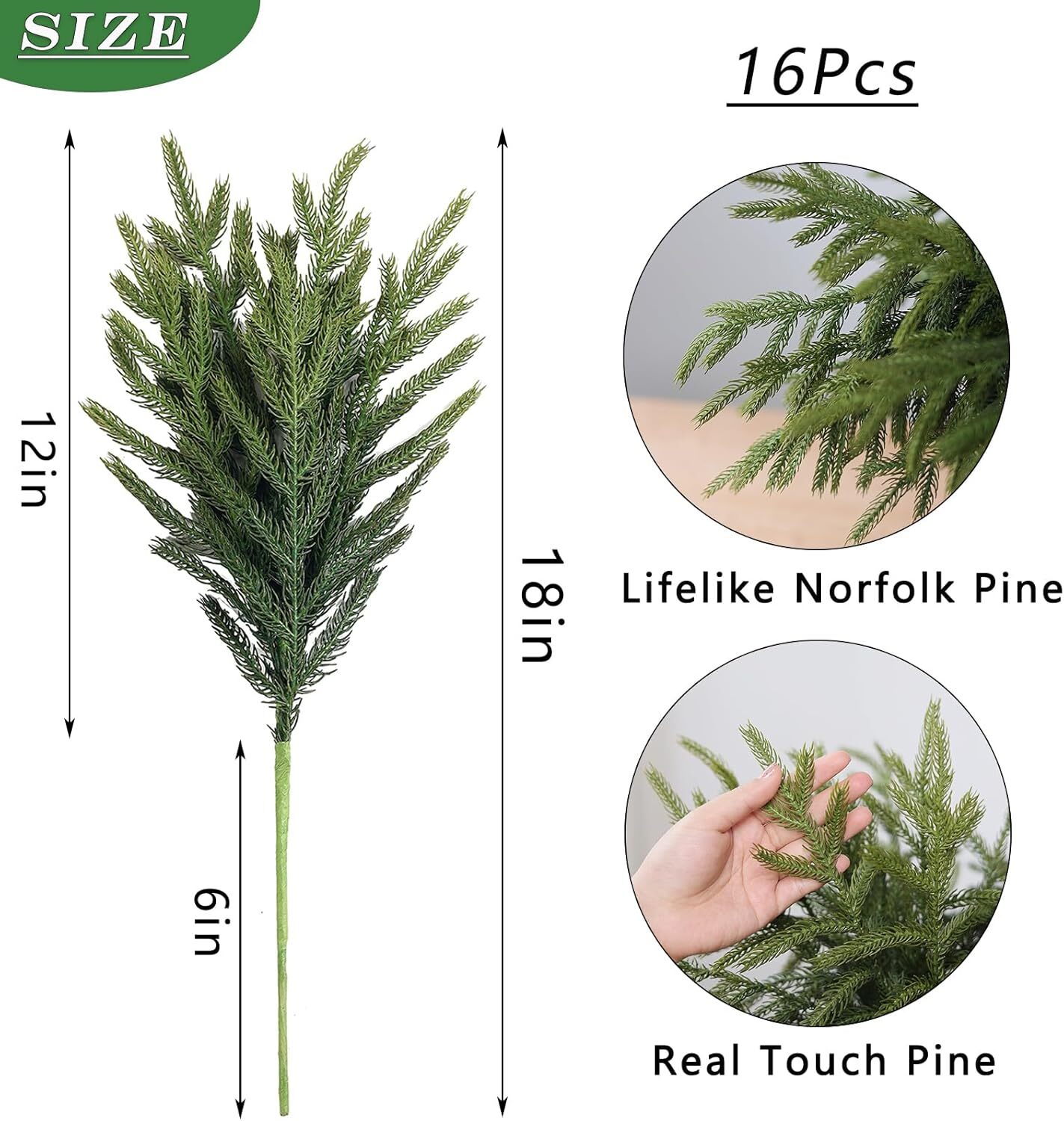 16 Pcs Christmas Norfolk Pine Branches, 18 Inch Real Touch Artificial Norfolk