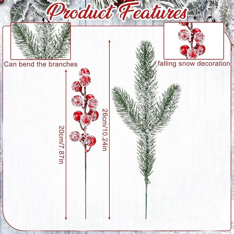 20/26cm Snow White Artificial Pine Needle Branches with Holly Berry Xmas Wreath