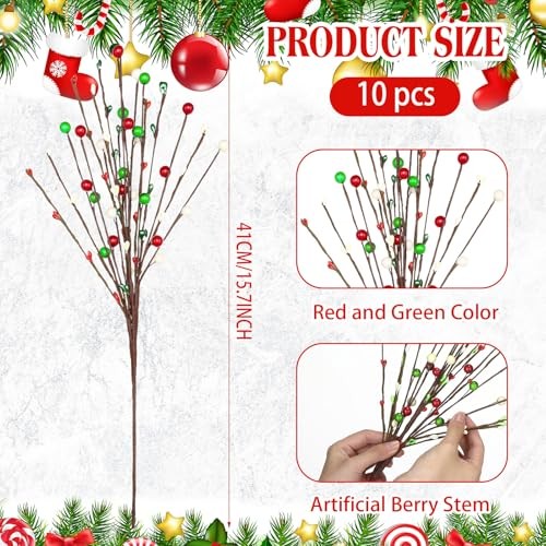 10 Pcs Christmas Floral Picks Berry Red Lime Green White Stem Red Green White