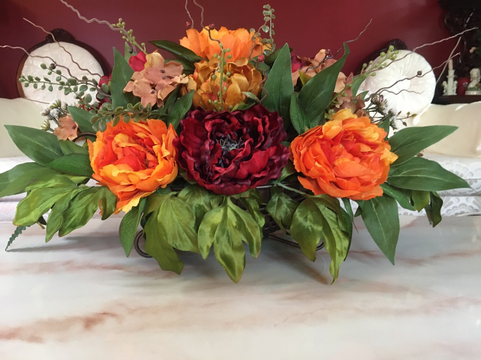 Year Round Floral Arrangement Burgundy And Orange Centerpiece Fall Centerpiece