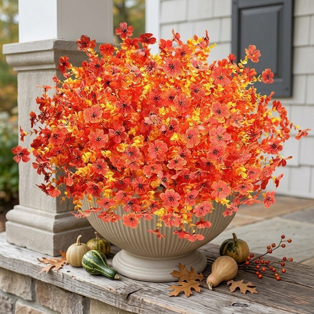 12 Pack Artificial Orange Mums For UV Resistant Autumn Flowers 35cm Plastic