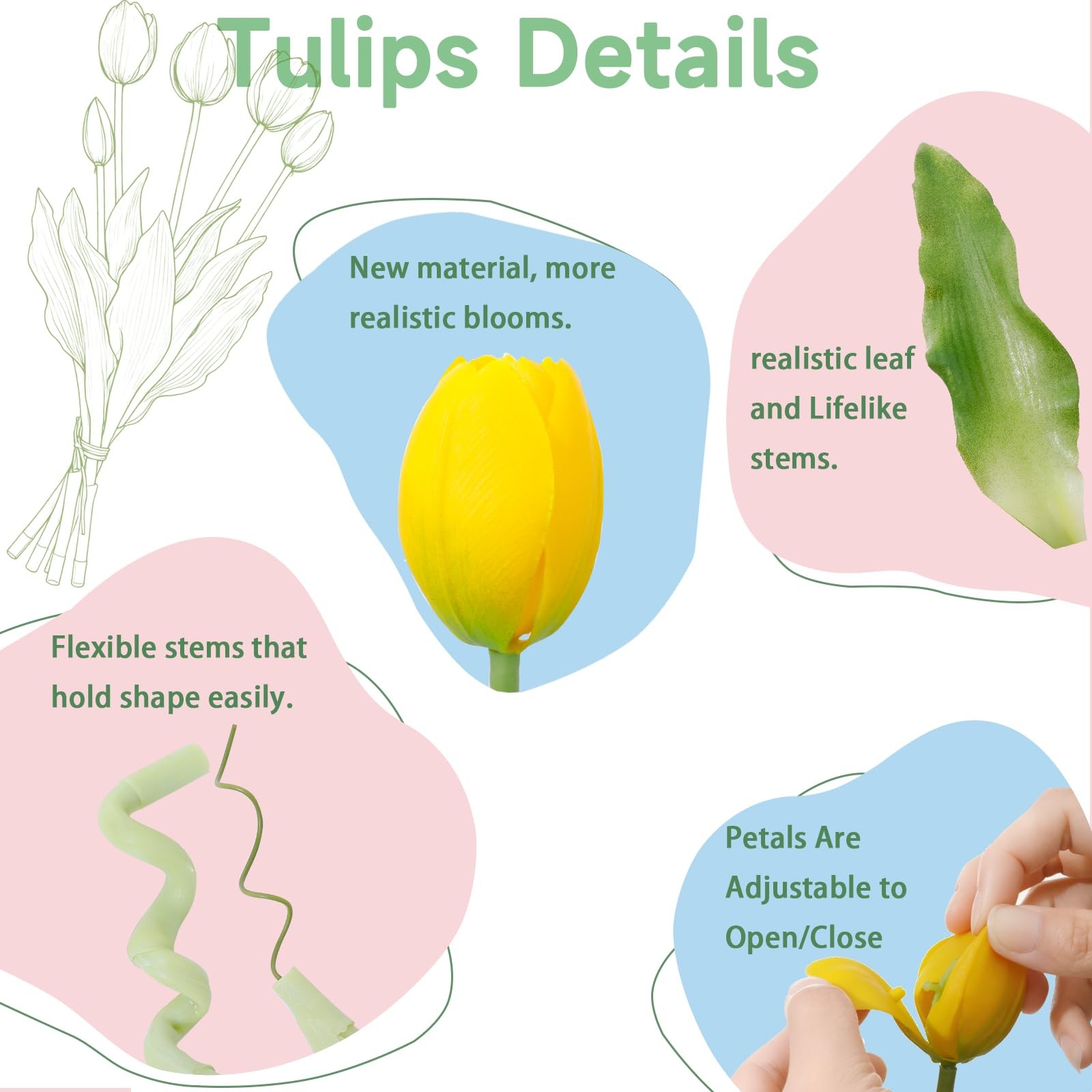 15 PCS Yellow Artificial Tulips Real Touch Latex Soft Faux Bouquets Room Decor