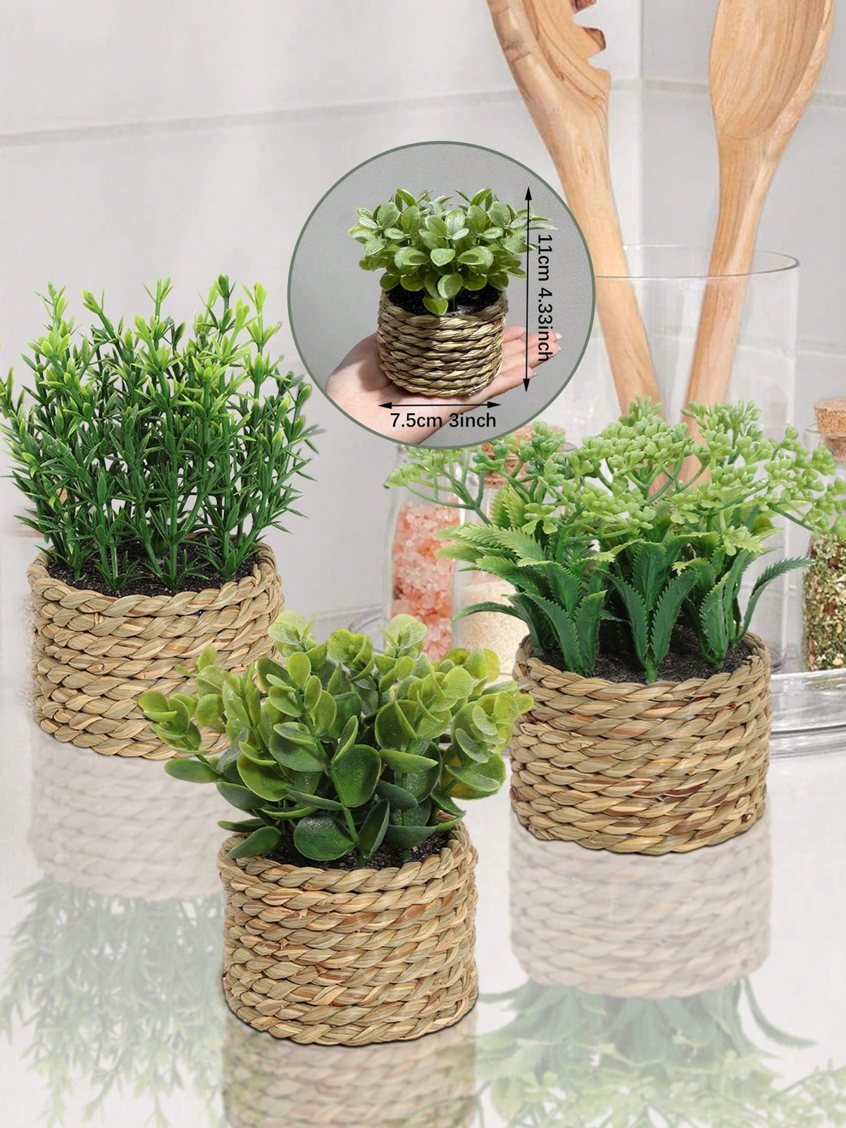 Green Artificial Succulent in Woven Rattan Pot for Home Decor