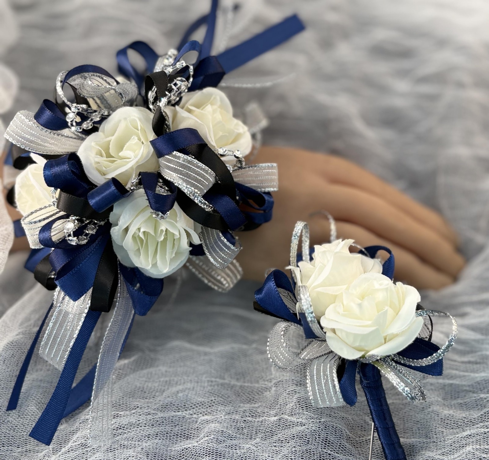 Rose Wedding Corsage Boutonniere Set Floral Prom Suit Decoration Dark Blue