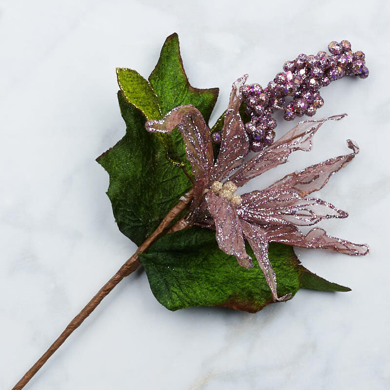 Set of 4 Glitter Trimmed Lavender Poinsettia and Berry 15″ Picks