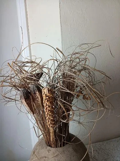 Rustic Decorative Stone Vase Centerpiece Dried Reeds Floral Bouquet
