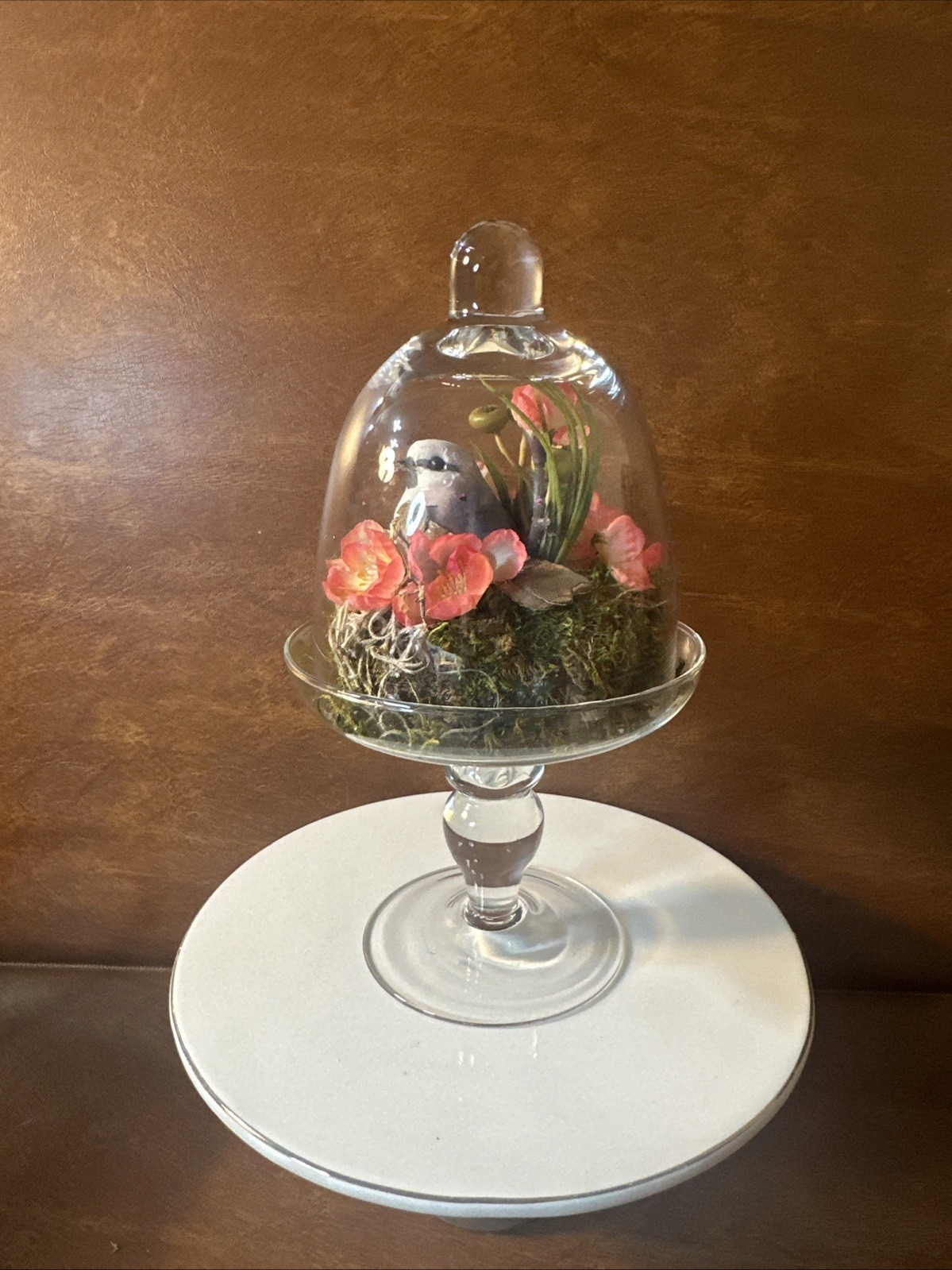 Artificial Vintage Floral Arrangement Glass Dome with Bird Nest, Pink 9”tall b