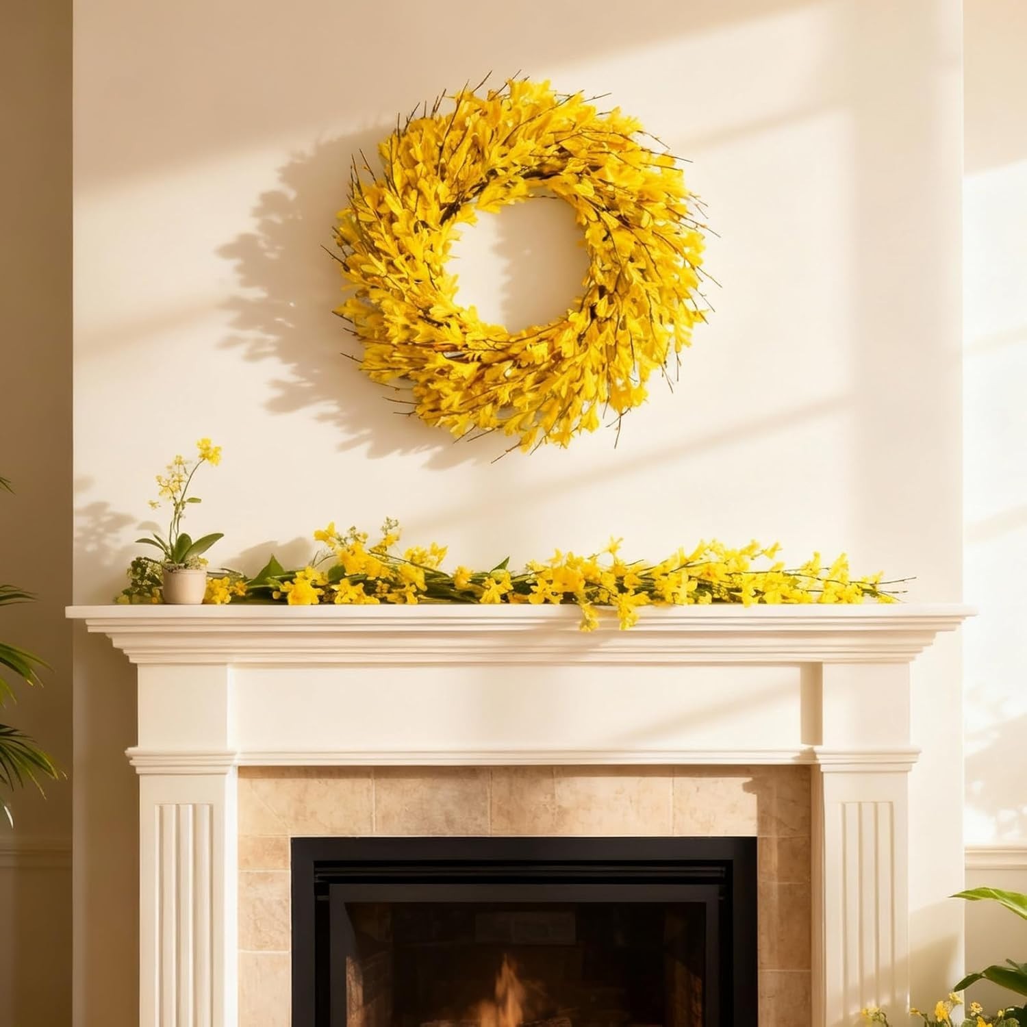 22-Inch Lifelike Forsythia Flower Wreath – Elegant Spring & Summer Decor