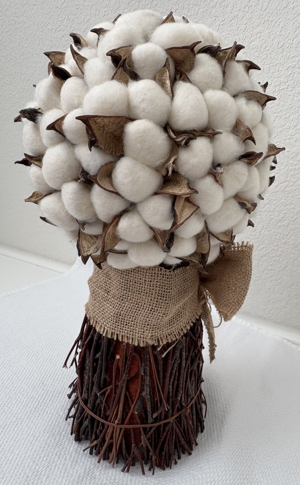 Cotton Stalk Bouquet Combined with Burlap Ribbon, Home Decor 13″x7″ (5″ at base)
