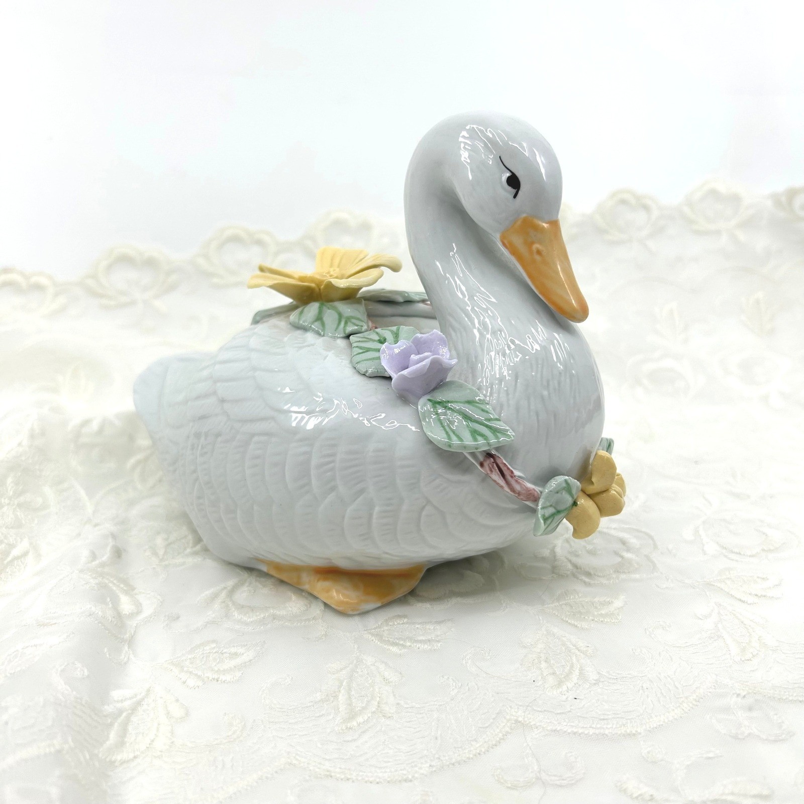 Vintage Swan Goose Figurine Floral Wreath Cottagecore Home Decor