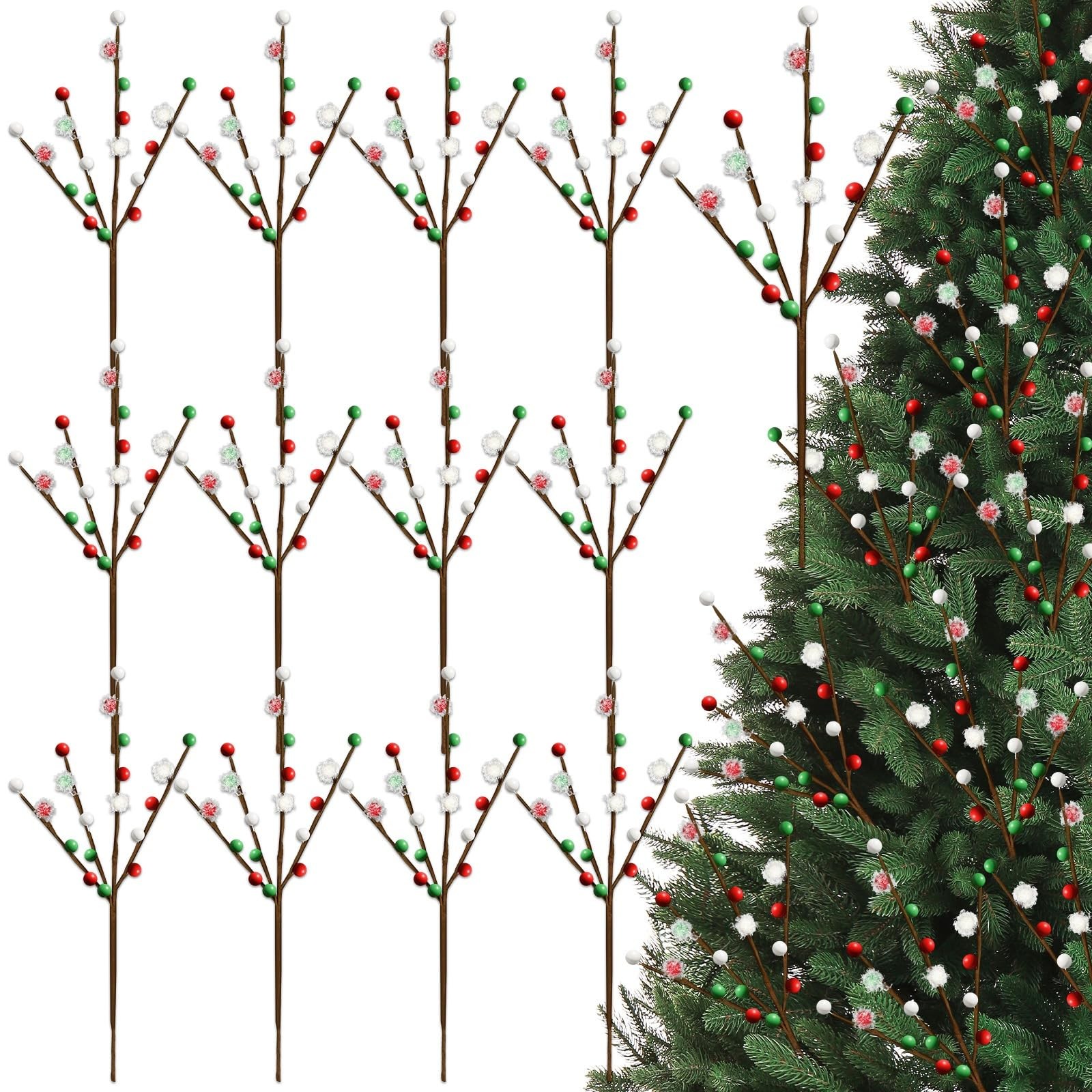 12 PCS Christmas Tree Picks Decorations,Red Green White Artificial Berry Bran…