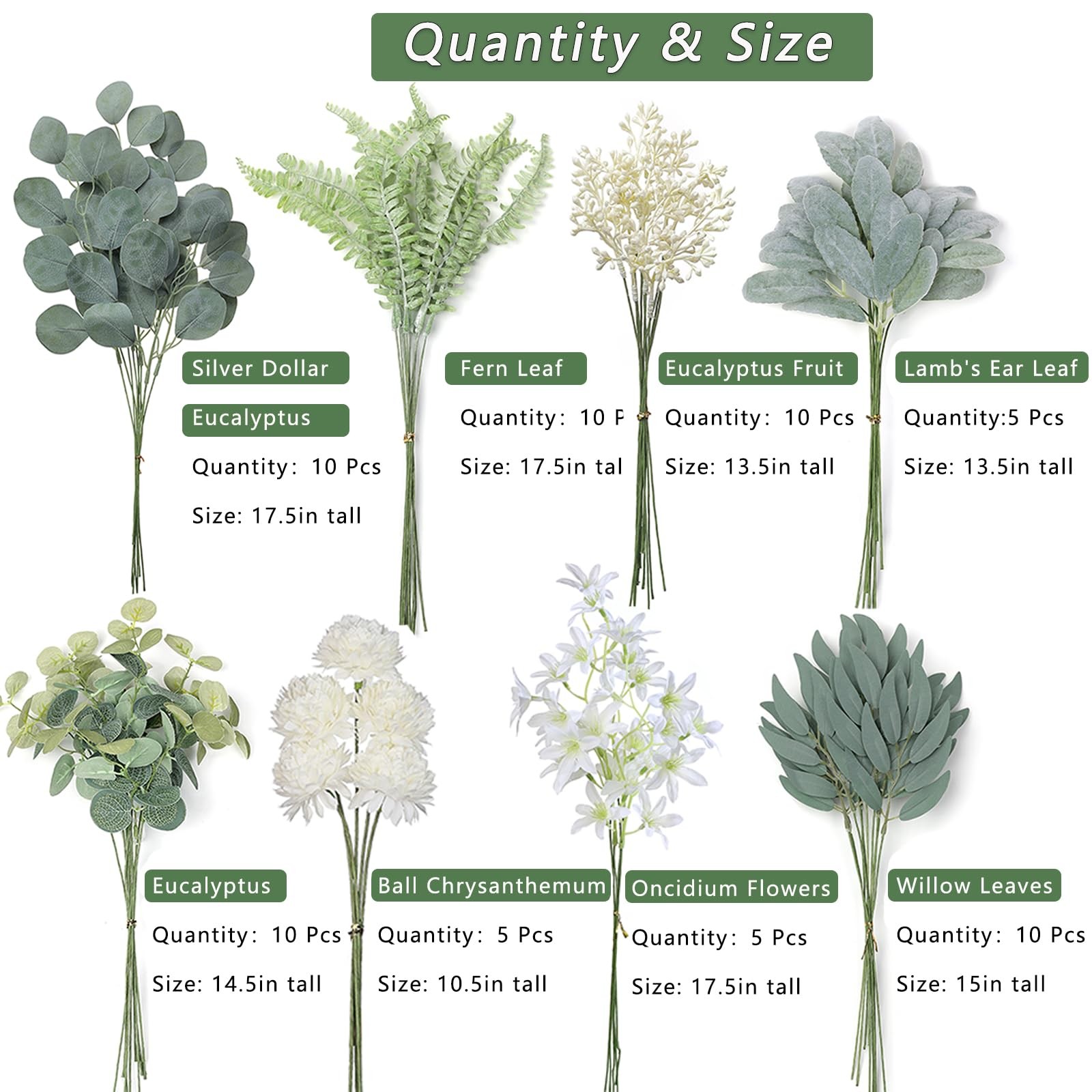 Artificial Greenery Stems Box Set(Pack of 65pcs) with 8 Kinds of Faux Plants …