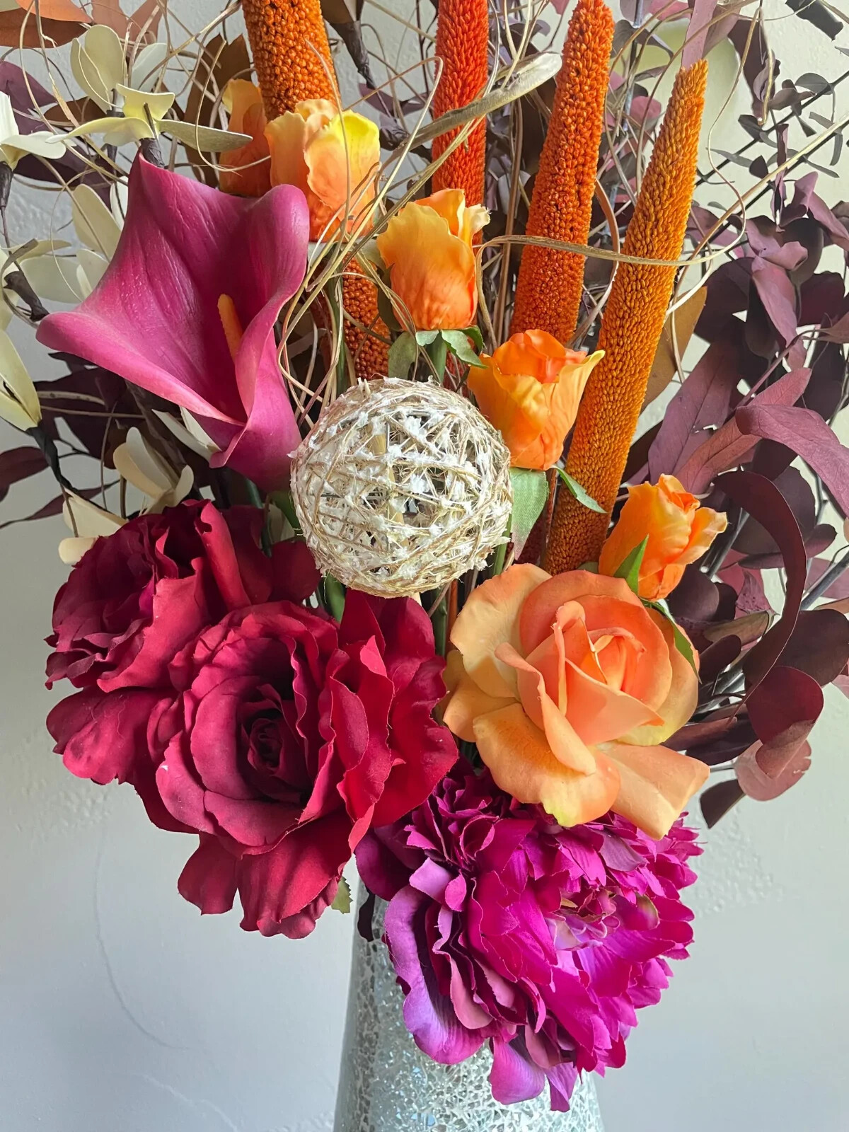 Flower Arrangement- Burgundy Orange Mauve Roses Tulips Hydrangea Centerpiece