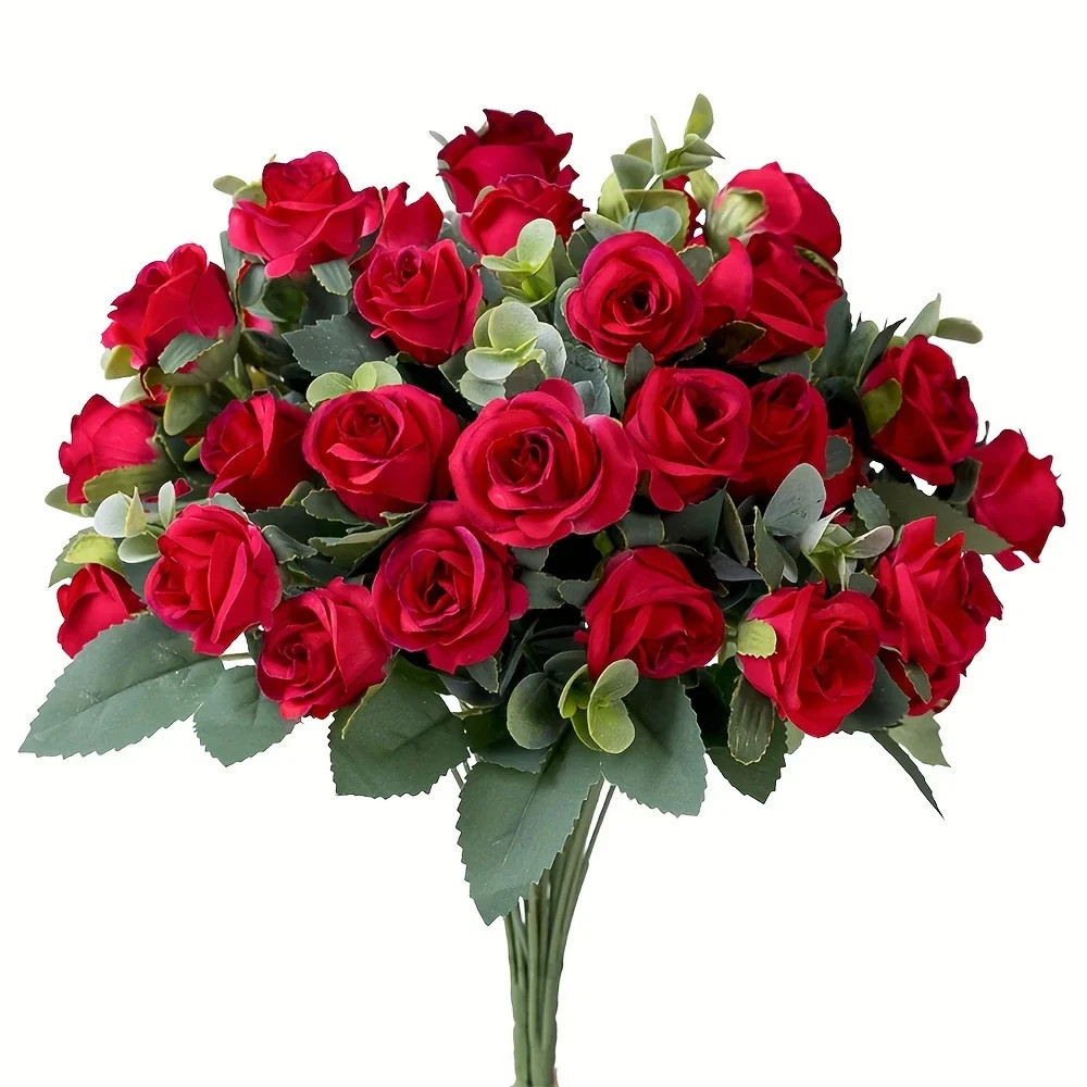 10 Heads Artificial Flower Silk Rose White Eucalyptus Leaves Peony Bouquet Fake