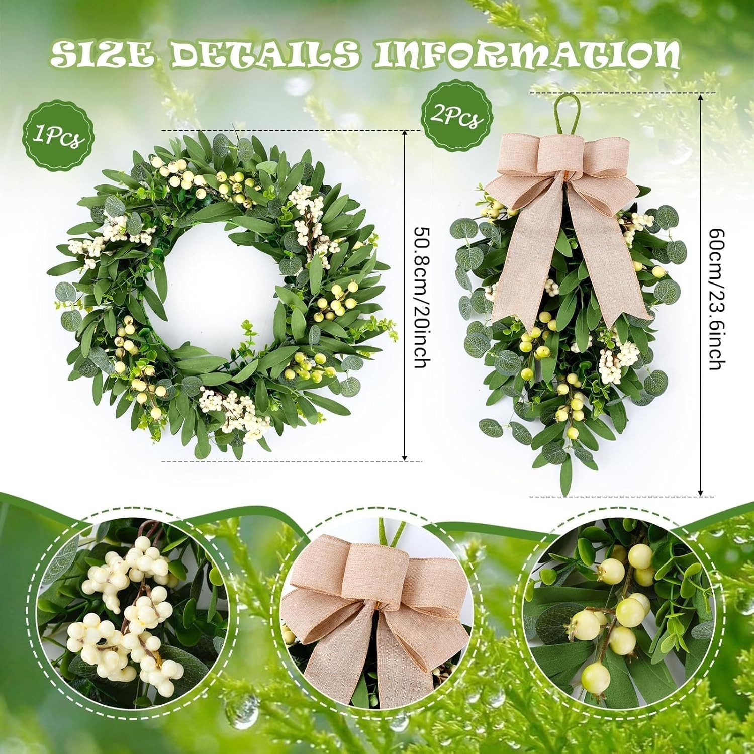3 PCS Artificial Green Eucalyptus Wreaths for Front Door Spring Summer Greene…