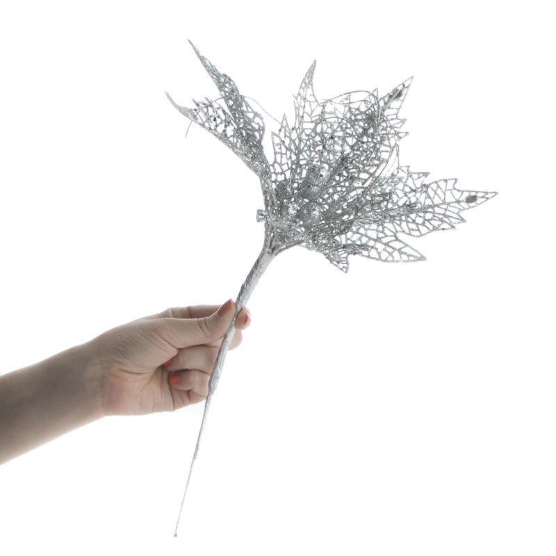 Factory Direct Craft Trio of Elegant Sparkling Silver Mesh Poinsettia Picks