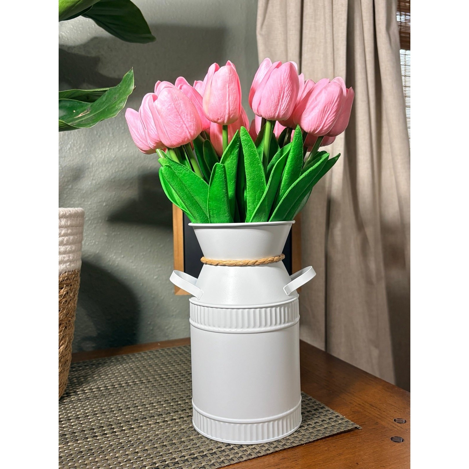 Pink Tulip Arrangement Bunny Metal Milk Can Vase Easter Spring Decor