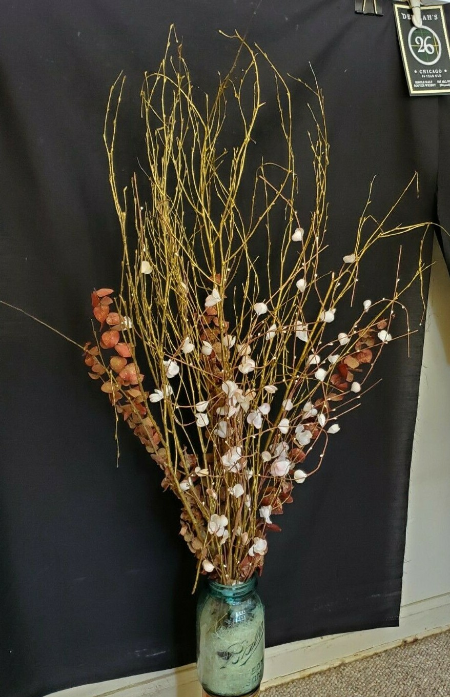 White & Pink Blossoms, Red Eucalyptus & Gold Painted Branches in a Mason Jar