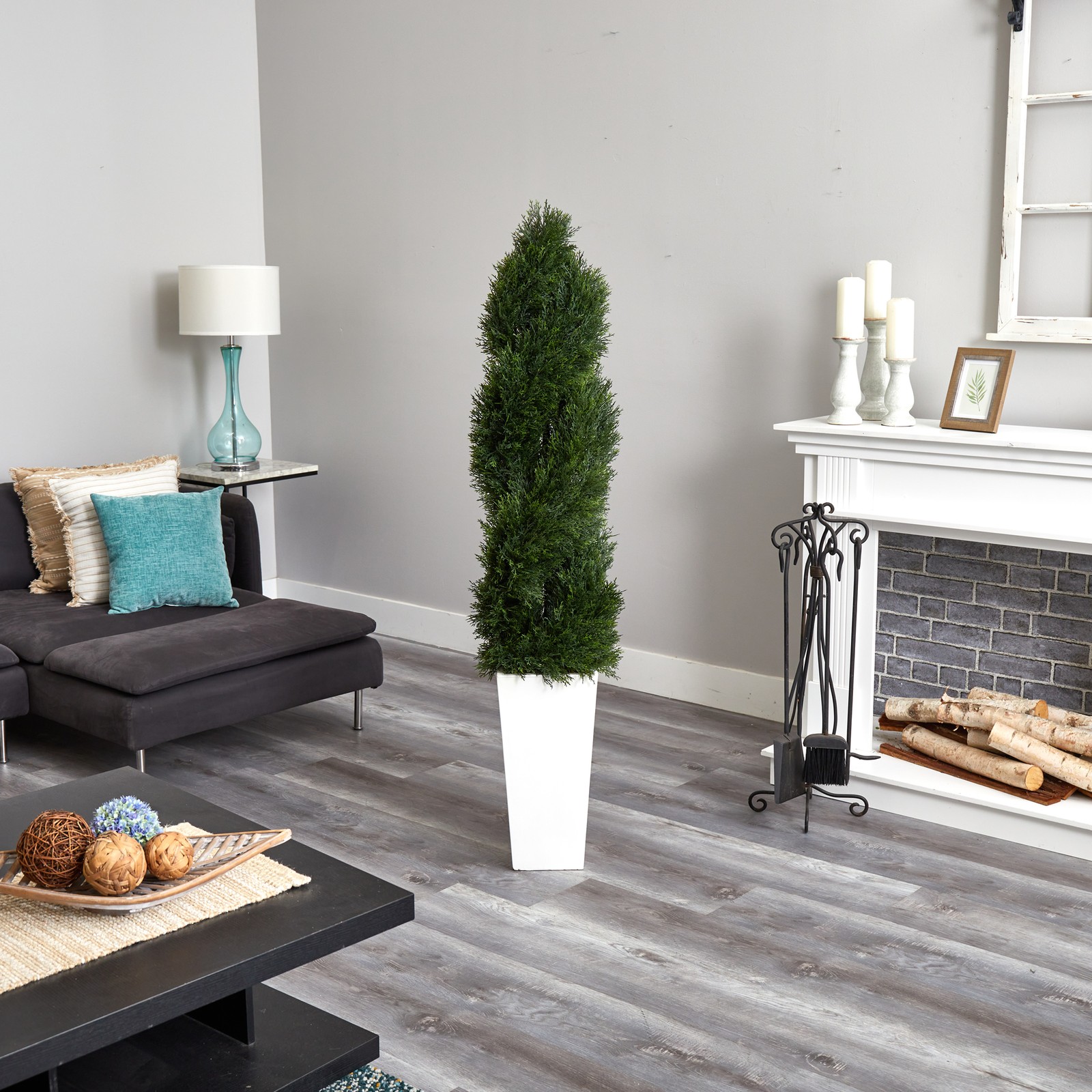 Nearly Natural 5.5ft Spiral Pond UV Resista Cypress Tree in White Tower Planter